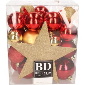 Bellatio Decorations Kerstballen - 33 ST - rood en goud kunststof - met piek