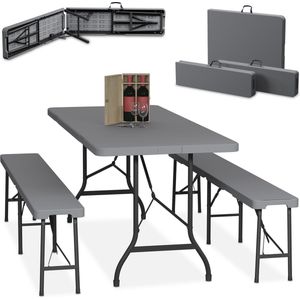 biertafel set - 3-delig - 180 cm - inklapbaar - kunststof en staal - camping - grijs