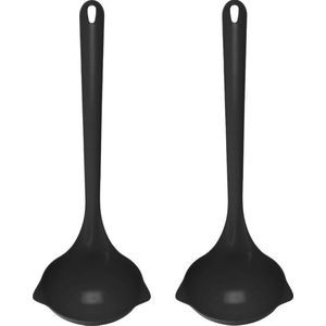 Set van 2x stuks kunststof lepels/opscheplepels zwart 30 cm keukengerei - Zwarte soeplepels/juslepels van plastic