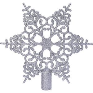 1x Zilveren glitter open ster kerstboom piek kunststof 20,5 cm - Onbreekbare plastic pieken - Kerstboomversiering zilver