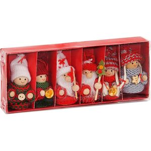 BRUBAKER 6-delige Set Kerstkabouters van Hout en Touw - Boomhanger Kersthanger - 8 cm in Geschenkdoosje Rood