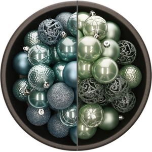 Bellatio Decorations Kerstballen mix - 74-delig - mintgroen en ijsblauw - 6 cm - kunststof