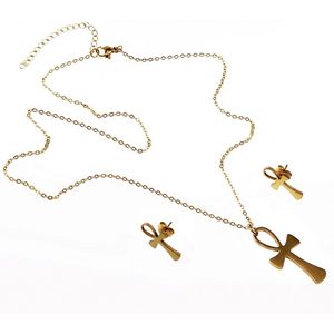 Ankh Ketting-Set Dames - Stalen Goud Kleur - Ketting + Ankh-Kruishanger + Ankh-Oorbellen