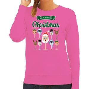 Bellatio Decorations foute kersttrui/sweater dames - Kerst Wijn - roze - All I Want For Christmas M