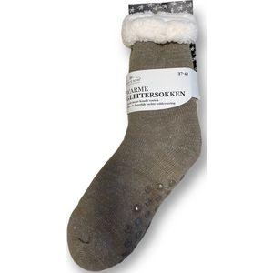 Warme Antislip Glittersokken/Huissokken - Kleur. Taupe - Maat. 37 / 41 - Gevoerd met Imitatie Bont - Altijd warme voeten