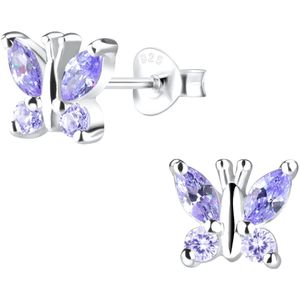 Joy|S - Zilveren vlinder oorbellen - zirkonia lila paars - 6 x 7 mm
