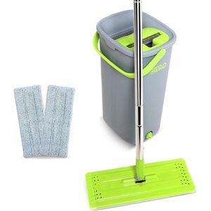 Dweil en Emmer Set - Microvezel Platte Dweil - Roestvrijstalen Stok - Dubbel Compartiment Emmer - Nat & Droog - Herbruikbare Dweildoeken - Vloerreiniging Mop