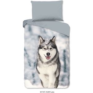 Good Morning Dekbedovertrek ""husky hond"" - Grijs - (155x220 cm) - Katoen Flanel