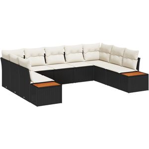 vidaXL - 9-delige - tuinbankset - met - kussens - zwart - poly - rattan - acacia