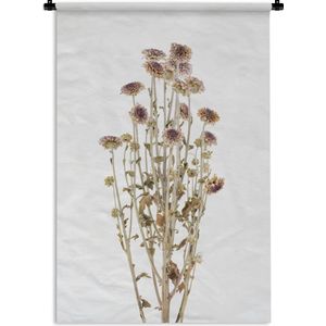 Wandkleed Gedroogde bloemen - Gedroogde paarse bloemen op witte achtergrond Wandkleed katoen 60x90 cm - Wandtapijt met foto
