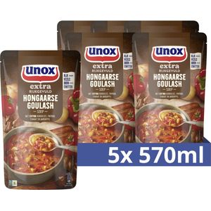 Unox Extra Rijkgevuld Soep In Zak - Hongaarse Goulash - een gevulde soep met extra rundvlees, paprika, tomaat en aardappel - 5 x 570 ml