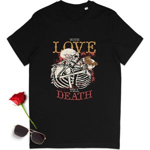 Skull's t shirt - Love Till Death - Skeletten t-shirt - Dames tshirt - Heren t-shirt - t shirt met print opdruk voor vrouwen en mannen - Unisex maten: S M L XL XXL XXXL - Shirt kleur: Zwart.
