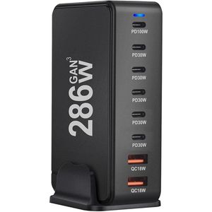 GAN3 286w Oplader - Bureau Oplader - Oplaadstekker - Oplaadstation - Snellader - Power adapter - USB-C Oplader - Universele Oplader