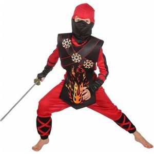 Wilbers & Wilbers - Ninja & Samurai Kostuum - Vurige Rode Ninja Strijder Met Werpsterren Kind Kostuum - Rood - Maat 140 - Carnavalskleding - Verkleedkleding