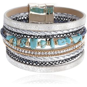 Zilverkleurige dames armband Boho met blauw natuursteen