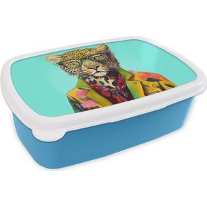 Broodtrommel Blauw - Lunchbox - Brooddoos - Dier - Bril - Luipaard - Strik - Design - 18x12x6 cm - Kinderen - Jongen