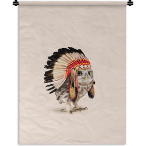 Wandkleed - Muurdoek - Uil - Vogel - Indianentooi - Veren - Dieren - 60x80 cm - Muurtapijt