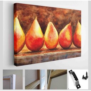 Stilleven van peren. Smakelijke sappige peren verlicht door felle stralen van de zon liggen op de tafel, beschilderd met aquarel handen - Modern Art Canvas - Horizontaal - 726530404