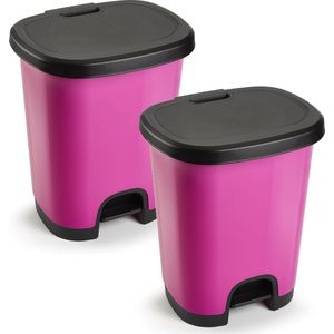 2x Stuks kunststof afvalemmer/vuilnisemmer/pedaalemmer in het roze/zwart van 18 liter met deksel/pedaal 33 x 28 x 40 cm