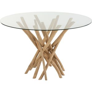 J-Line Eettafel Takken Rond Teak Hout Naturel/Glas