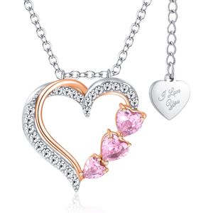 Malinsi Ketting Dames Dubbel Hart Diamant - Zilver Rose Goud Compleet RVS - Kettingen met hanger - Cadeau vrouw