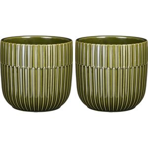 Mica Decorations - 2x - Plantenpot/bloempot - keramiek - groen - stripes patroon - D14 x H13 cm