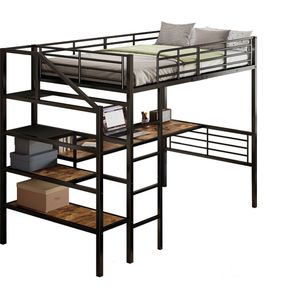 Merax Hoogslaper 90x200 cm met Bureau en Opbergleider - Zwart Metaal - Zonder Matras