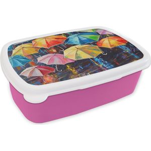 Broodtrommel Roze - Lunchbox Paraplu's - Schilderij - Kunst - Regenboog - Brooddoos 18x12x6 cm - Brood lunch box - Broodtrommels voor kinderen en volwassenen