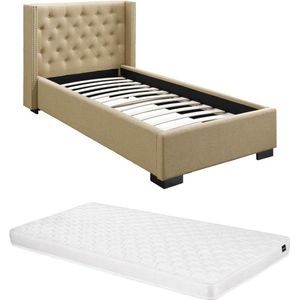 Vente-unique Bed 90 x 200 cm met gecapitonneerd hoofdbord - Stof - Beige + matras - MASSIMO II L 216 cm x H 111.5 cm x D 114 cm