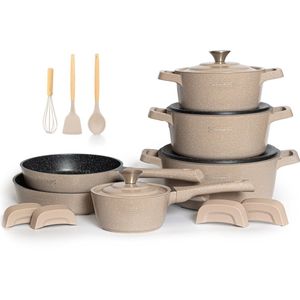 Royalty Line® OS1014 Pannenset Inductie - 17 Delige Pannensets - PFOA Vrij - Pan Met 4 Afneembare Koudgrepen - Pannen Geschikt Voor Alle Warmtebronnen - Beige