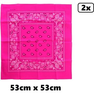 2x Zakdoek fluor roze met motief 53cm x 53cm - zakdoek bandana boeren carnaval feest sjaal festival themafeest