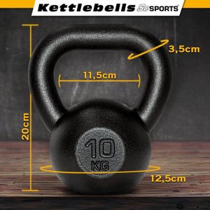Kettlebell - Kettlebell 10 kg - Kettlebells - 10 kg - Gietijzer - Massief gegoten - Platte bodem - Zwart - 12.5 x 3.5 x 20 cm