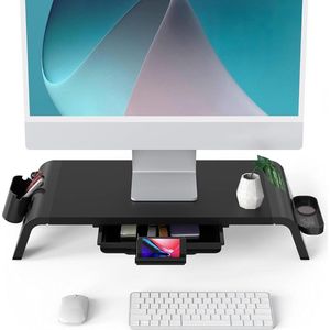 Monitor Standaard - Beeldscherm Standaard Houten PC Laptop Computer Schermstandaard met Lade en Telefoonhouder