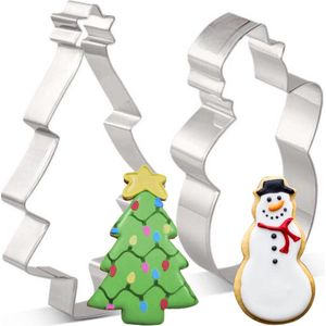 Kerst Uitsteekvormpjes set Kerstboom & Sneeuwpop - RVS Uitsteekvormen - groot formaat kerst uitsteker met Denneboom & Sneeuwman voor Koekjesdeeg en Fondant