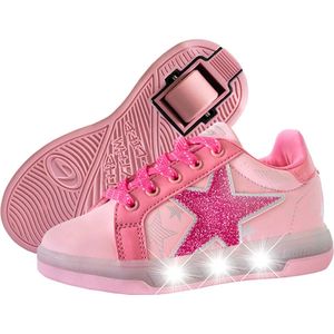 Breezy Rollers Kinder Sneakers met Wieltjes - Lichtroze LED - Schoenen met wieltjes - Rolschoenen - Maat: 32