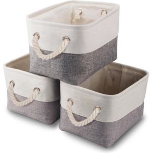 Canvas Opbergdoos set van 3 opvouwbare stoffen opbergmanden met handgrepen voor kasten kledingkast planken kleding speelgoed handdoek badkamer (klein grijs wit) - Opbergmanden met Handgrepen storage basket