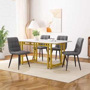 Sweiko Gouden Eettafel met 4 Stoelen Set, Moderne Keuken Eettafel Set, Donkergrijs Fluweel Eetstoelen, Gouden IJzeren Been Tafel ,120x70cm