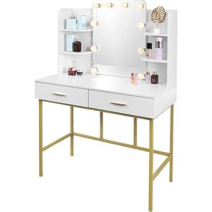 SureDeal® - Make up Tafel - Spiegel met Verlichting - 2 Lades - 90x45x136 cm - Goud - Led Lampen - Kaptafel - Organizer - Bureau - Cadeau voor Vrouw