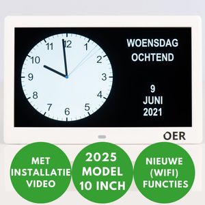 OER Dementieklok - Groot Scherm (10 Inch) - Kalenderklok voor Senioren - Automatische Wissel Zomer en Wintertijd - Digitaal & Analoog - Schrijf Eigen Meldingen/Alarmen - Extra Wifi Functies - Wit