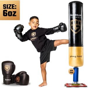 Guerilla Sports – Staande Bokszak ""YOUNG KING"" - Kickbokszak met stevige voet in hoogwaardige kwaliteit en leren bokshandschoenen (6oz) – Kids – Boksbal kind