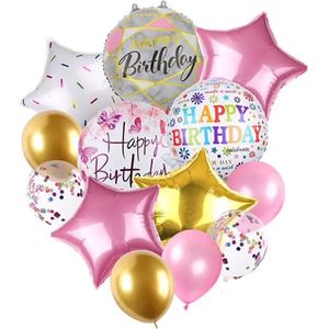 Ballonnen set multi color - Happy Birthday - 12 stuks - Roze - Wit- Goud -Verjaardag - Versiering - Themafeest - Kinderfeestje - Helium - Folie Ballon - Sweet 16 - Meisje - Girl - Vlinder - Butterfly - Dieren - Unicron -
