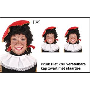 3x Pieten pruik luxe zwart met staartjes verstelbare kap - Sinterklaas feest thema feest Sint en Piet