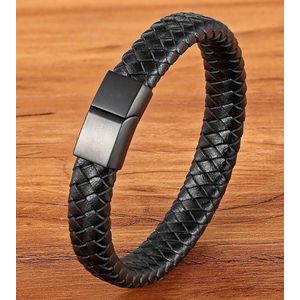 *** Armband voor Mannen - Zwart Gekleurd Staal & Zwart Leer - 21 cm - Perfect Cadeau voor Hem & Haar - van Heble® ***