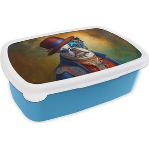 Broodtrommel Blauw - Lunchbox - Brooddoos - Hond - Portret - Kleding - Hoed - Abstract - 18x12x6 cm - Kinderen - Jongen