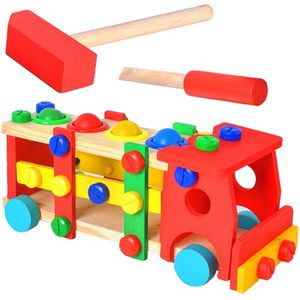 Playos® - Houten Bouwset - Vrachtwagen - 51 Delig - Constructiespeelgoed - Activiteiten Bus - Speelgoedgereedschapsset - Educatief Speelgoed - STEM Speelgoed - Technisch Speelgoed - Techniek - Auto