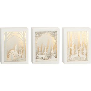 J-Line kerstdecoratie - kader 3D Winter - pvc/glas - zilver - LED lichtjes - 3 stuks