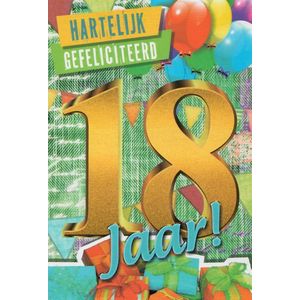 18 jaar! Van harte gefeliciteerd met je verjaardag! Een kleurrijke kaart met een afbeelding van cadeautjes en ballonnen. Erg leuk om zo te geven of om bij een cadeau te voegen. Een dubbele wenskaart inclusief envelop en in folie verpakt.