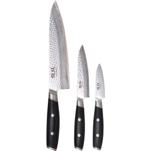 Yaxell Japans - Serie Tsuchimon - Messenset 3-Delig - VG10 Staal - 61 HRC - 3 Lagen Damaststaal - Canvas-Micarta Heft