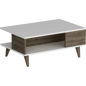 Salontafel Nessa - 39x90x60 cm - Wit en Walnoot - Spaanplaat en Kunststof - Stijlvol Design