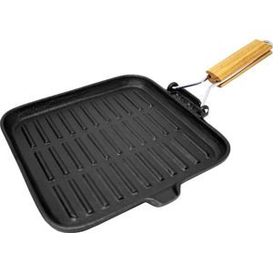 Klarstein Retinta grill- en steakpan - Gietijzer - Dutch oven - Voor alle soorten fornuizen, barbecues, grills en kampvuren - Afvoergoot - Uitklapbaar houten handvat - Vierkant - afmetingen: 38 x 2 x 24 cm (BxHxD) - Zwart